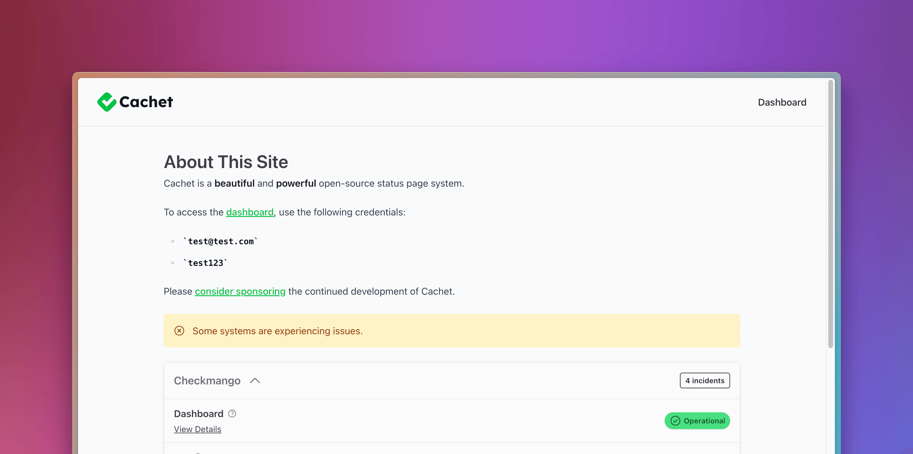 Screenshot of the Cachet v3 status page.