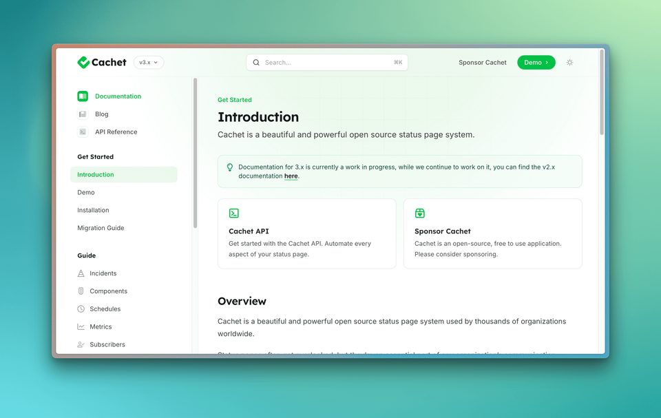 Screenshot of the new Cachet documentation hosted with Mintlify.